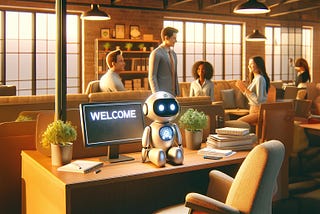 Artificial Intelligence integrated in employee onboarding process depicted in a small, friendly and cozy office environment
