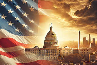 U.S. Capitol with a waving flag, half in warm light and half under storm clouds, symbolizing a shift in political rhetoric.