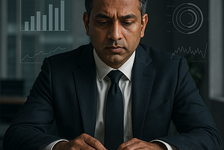 A hyper-realistic digital photograph of a South Asian executive in a dimly lit office, sitting in front of two glowing dashboards — one showing business KPIs, the other showing abstract symbols for peace, stillness, and joy. His expression is contemplative, symbolizing the contrast between external success metrics and internal well-being.