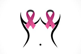 Image description: A black & white silhouette of a woman’s upper torso with two pink ribbons covering the breasts. the pink ribbons signify breast cancer awareness.