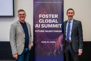 Microsoft executive Matthew Duncan (left) and Dean Frank Hodge were among the speakers addressing AI’s role in the workplace and society at the Foster Global AI Summit.