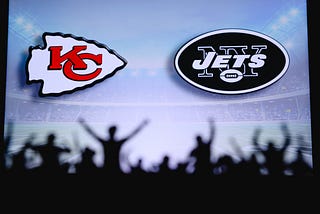 Kansas City Chiefs logo facing New York Jets logo above silhouette of supporters.