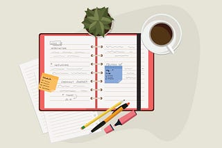A note book with a lot of stationary around. A typical set up for a note taker