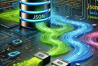 A Black barrrel labeled JSON spews out neon streams of what is presumably data