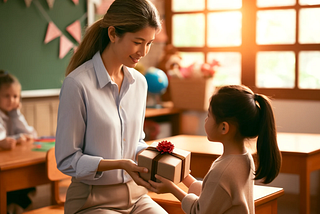 Emma is showing generosity by giving her teacher a thoughtful gift in a warmly decorated classroom. This scene captures the profound impact of recognizing and appreciating kindness, enhanced by the emotional connection between the teacher and her student.