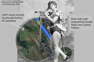 It is a kind of a collage made by tha author. A black and white over hundred years old photo of a man with a velociped. And in the wheels of the velociped is a bad search result for Google’s brand new Cycling feature on coloured Google Maps in Hungary.