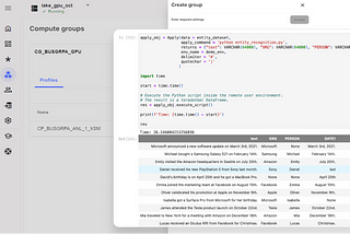 Teradata VantageCloud console displaying compute group availability, overlaid with a Jupyter notebook cell executing a Named Entity Recognition (NER) script using the Apply function for in-database processing.
