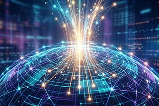 A futuristic digital illustration of a glowing blue globe of interconnected network nodes with golden light streams erupting upwards, symbolizing global connectivity and technological innovation.