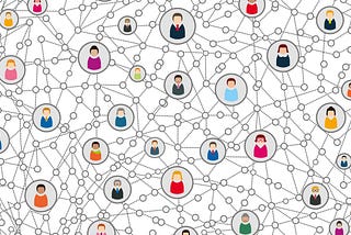 A connected networked web of circles. Inside the circles are heads and busts of cartoon people connected by lines and small circles.