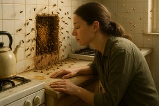 A woman leans close to a hive exposed in a kitchen wall. Bees crawl and fly around her as she listens calmly, hands resting on a worn countertop.