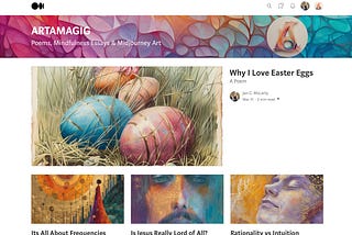 Screen shot of Artamagig publication page with header and images of 4 published stories.