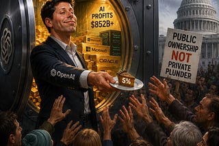 IMAGE: A tech executive offers a tiny slice of wealth to a crowd while standing before a vast vault of AI profits, symbolizing private capture of public value