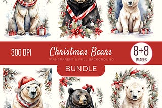 Christmas Bear Clipart Bundle, Watercolor Animal PNG, Holiday Decor Graphics, Instant Download Clip Art, Card Making