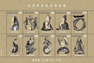 Stamp series from the Faroe Islands showing an artist’s images of the Seal Woman