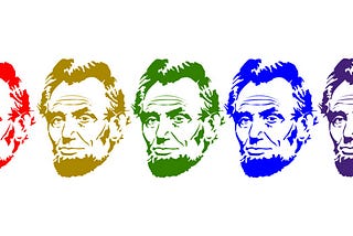 A series of images of Abraham Lincoln’s face in red, gold, green, blue, and purple