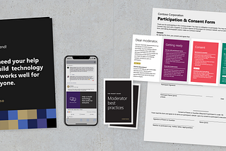 A range of data collection communications from left to right; recruitment collateral and social media post, a moderator best practice pocket guide, and a consent form.