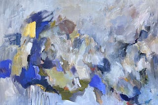 Large Abstract Expressionist painting by Lucy Howard Cohen, painted in shade of white with bold blues and soft yellow reminiscent of irises. Courtesy of Lost Art Salon.