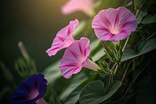 Image of pink morning glories in full bloom with the morning sun shining from behind.