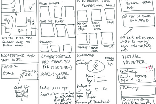 A sheet of paper that contains 8 sketches for possible design solutions