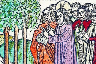 Woodblock print with watercolor showing Jesus and his disciples viewing the withered fig tree
