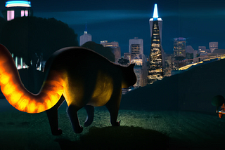 a cat with a glowing tail walking around in a park at night with the San Francisco skyline in the background, rendering by Pixar — created with Dall E 2