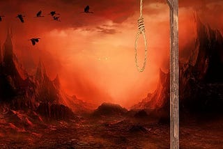 Image of wooden gallows and a rope noose in the foreground, red sky and bird silhouettes in the background