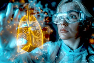 Image of woman looking at human lungs