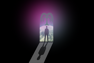 A man is silhouetted at the glowing, purple threshold of the Limen. Beyond, a silver willow looms over a moon-like landscape.