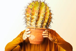 Person holding a cactus plant in front of his face.