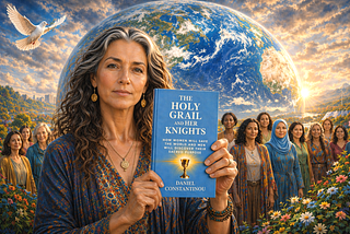 Photo of woman holding a book The Holy Grail and Her Knights with women from all over the world standing behind her and supporting her