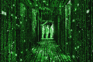 Image from movie “The Matrix” of streams of code in green on black background