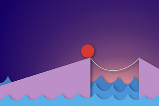 An illustration of two ramps connected by a rope bridge with a ball trying to roll across.