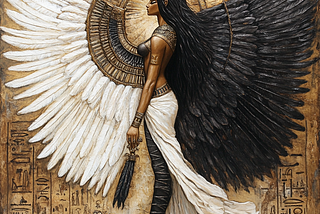 Egyptian goddess Isis with white and black wings