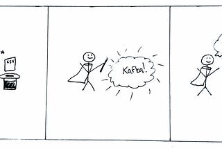 3 frame cartoon of a stick figure magician putting a csv into a magician hat, then a cloud with the word Kafka!, then magically turned into a fire hydrant labeled data stream with water coming out the hose
