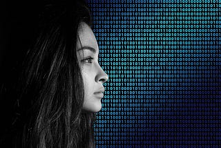 Woman in profile in front of a field of binary numbers.