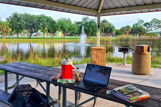 A laptop computer, large cooler drink, binder, orange juice, seat cushion and other items sitting at a park pic nic table with water and fountain in the background, surrounded by tall grasses and full, well groomed trees