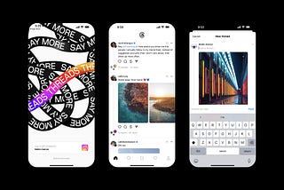 3 screenshots of the Threads App by Instagram, the homepage, the home feed, and posting an image