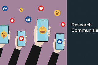 An illustration showing hands holding up mobile phones and love, like and smiley emojis.
