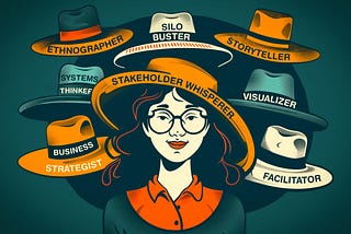 A confident strategic designer wearing a hat that says “stakeholder whisperer,” surrounded by several other hats labeled, “business strategist,” “ethnographer,” storyteller,” “facilitator,” “silo-buster,” “visualizer,” and “systems thinker.”