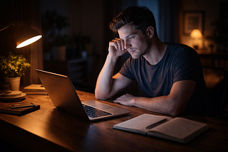 A person sits at a desk late at night facing a glowing laptop, while an untouched notebook rests nearby, symbolizing the tension between human thinking and AI assistance.