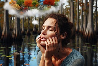 A 39 year-old woman with sweat drops rolling down her face on the dock of a cypress swamp while dreaming of colorful autumn leaves