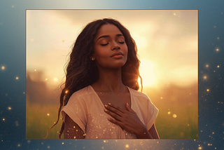 A beautiful African-American woman standing in a field with her hand over her heart, signifying her connection with her soul and experiencing awakening and personal growth.