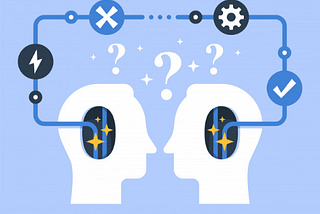 an illustration with two heads and a connecting line and different symbols denoting critical thinking