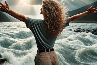 Woman with long curly brown hair standing with outstretched arms in front of a raging river with the sun peeking through the clouds.