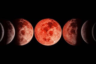 imagem com as fases da lua, e a lua cheia que está ao centro tem um brilho vermelho.