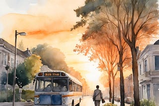 A watercolor image of a man walking to catch a bus