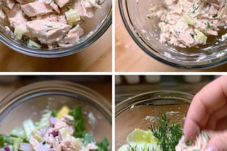 Nutrition overview for healthy tuna salad with step photos showing tuna, celery, onion, lettuce, and fresh herbs.