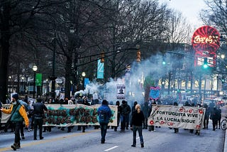 A protest in the streets of Atlanta following the killing of environmental activist Tortuguita.