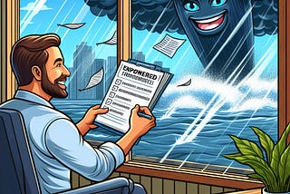 Image of an empowered and happy professional, looking at the list containing “legend file” and long-term goals. There is a big window and huge rain, and storms can be seen from it.