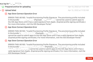 [20220413] ERROR ITMS-90165: “Invalid Provisioning Profile Signature.”